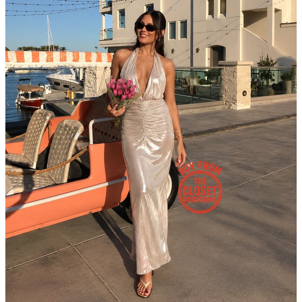 ZARA Metallic Halter Maxi Dress NWT Silver Ruched Formal Wedding Guest L - Picture 2 of 16